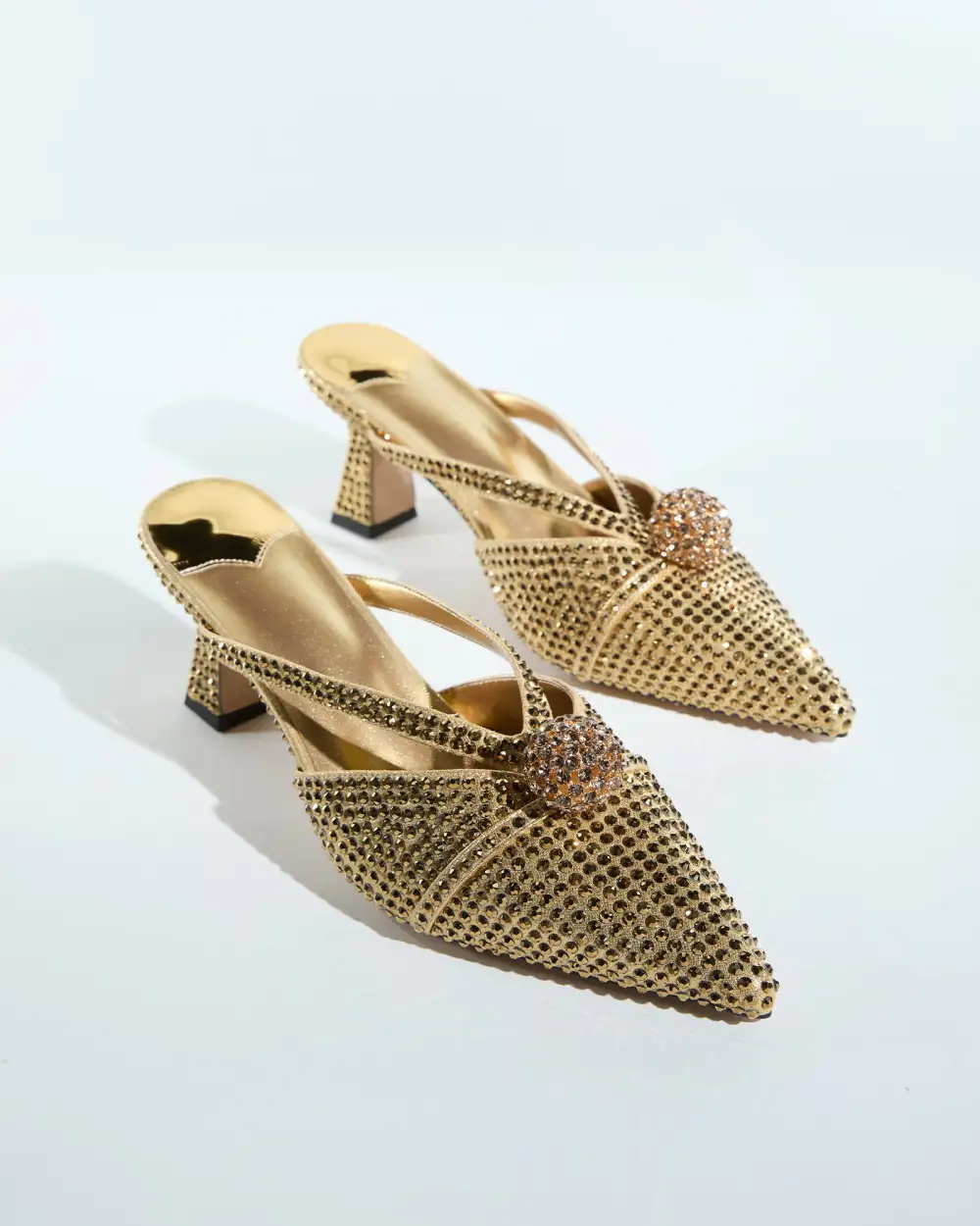 Bead Rhinestone Embellished Mules in Gold