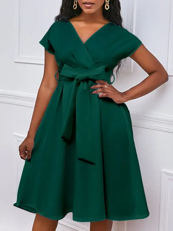 Bowknot Lace Up Solid Color V Neck Midi Dress