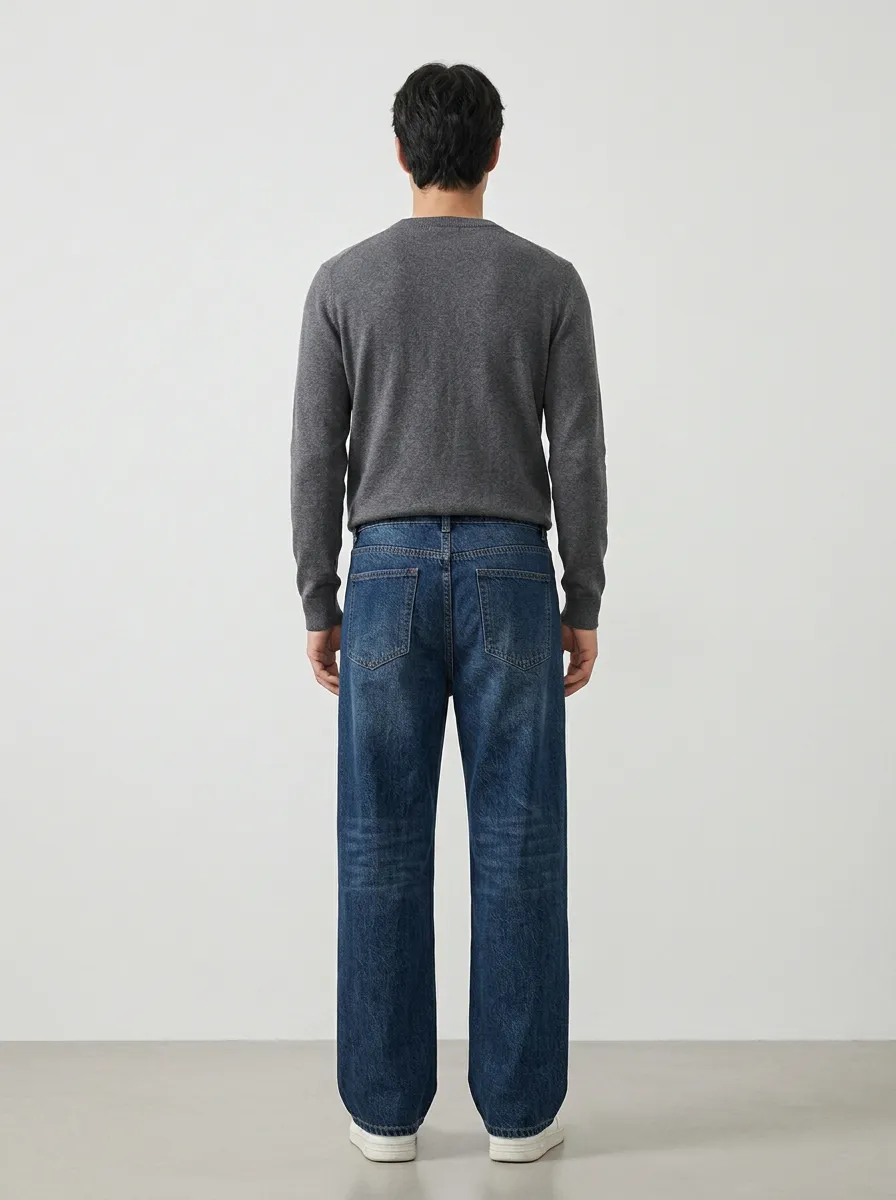 Men's Loose Fit Jeans with Wide Leg Embroidered Detail Celestial Graphic Star-and-Moon Graphic