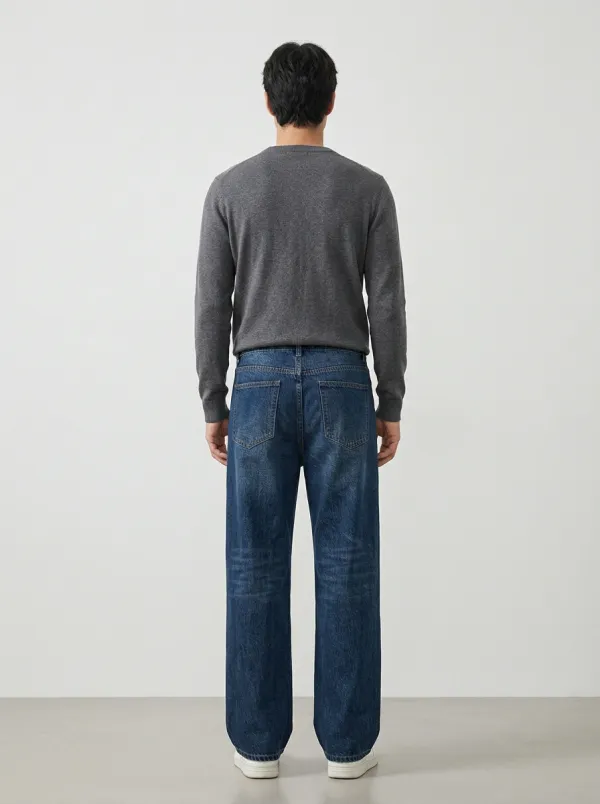Men's Loose Fit Jeans with Wide Leg Embroidered Detail Celestial Graphic Star-and-Moon Graphic