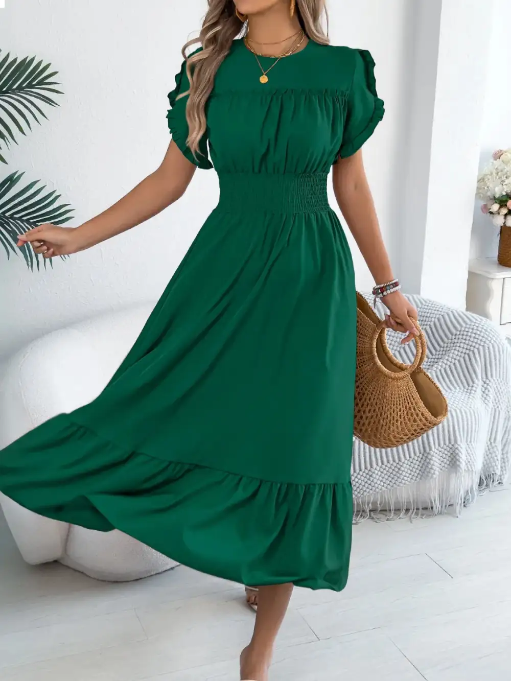 Crew Neck Ruffled Smocked Midi Dress