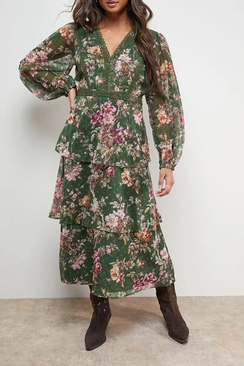 Casual Style V-neck Printed Lace Dress