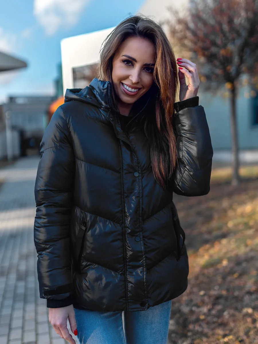women's black quilted winter jacket with hood