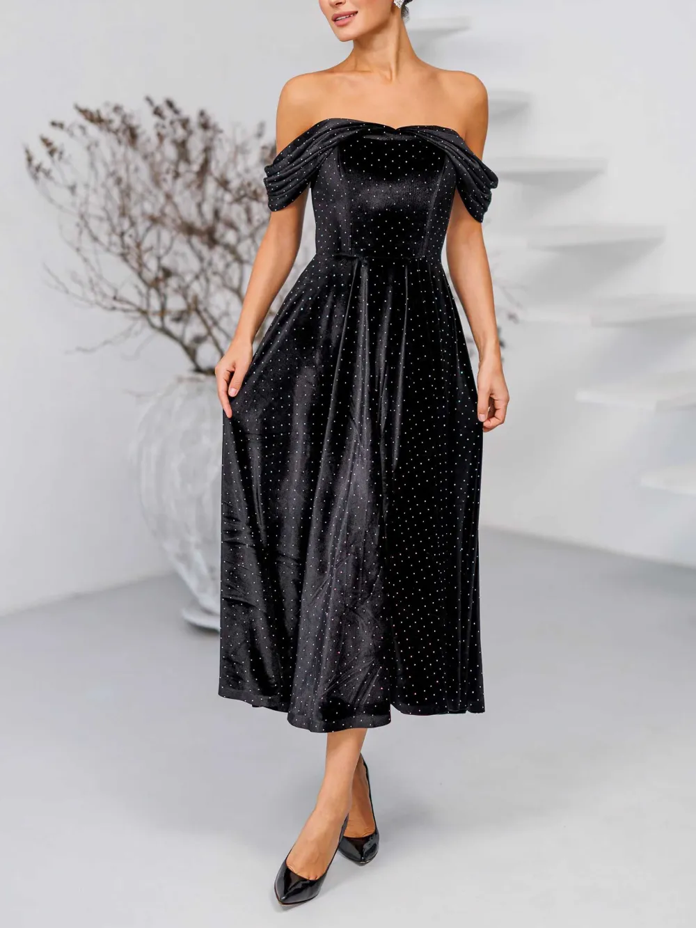 Elegant Off Shoulder Velvet Rhinestone Midi Dress