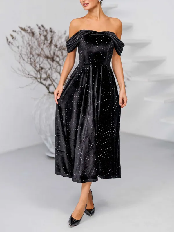 Elegant Off Shoulder Velvet Rhinestone Midi Dress