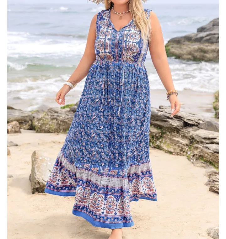 Plus Size Tied Printed Sleeveless Maxi Dress