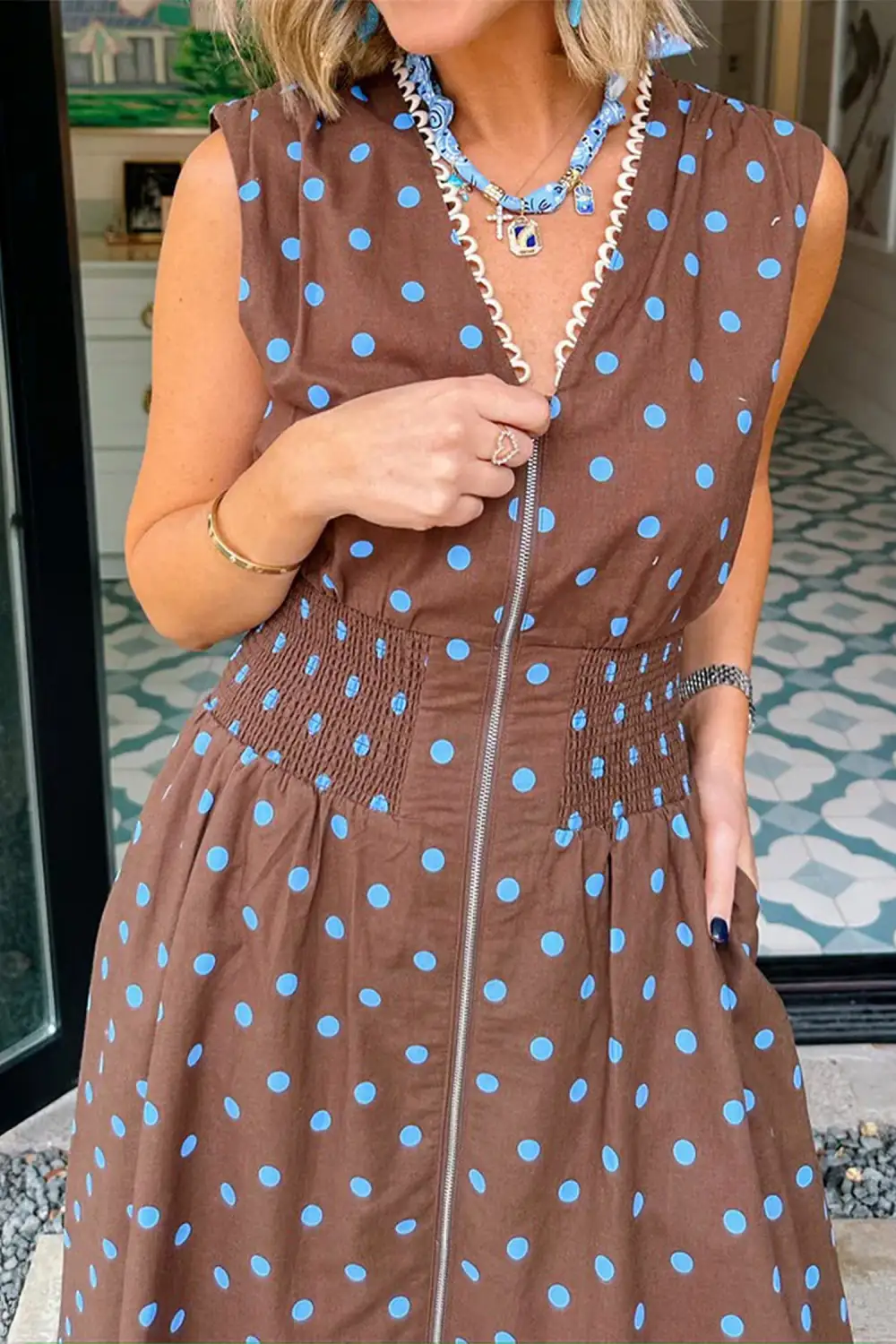 Polka Dot Printed V Neck Dress Casual