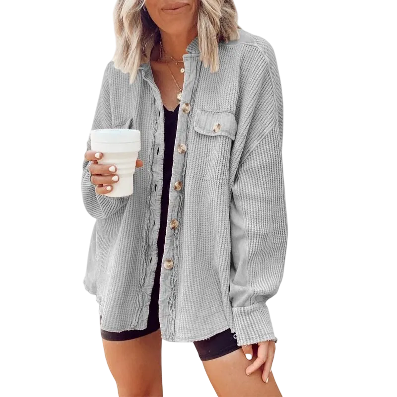 Women's Loose Fit Batwing Sleeve Waffle Knit Button Down Shirt