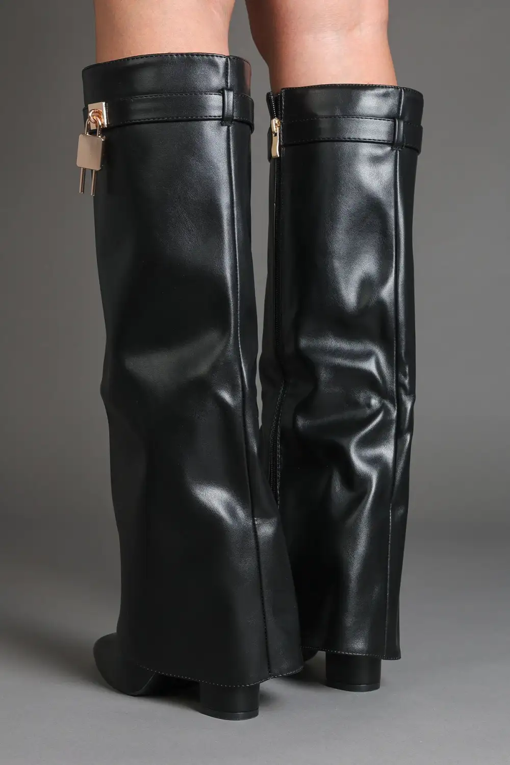 Slouch Fold-Over Padlock Detail Buckle Detail Knee High Boots