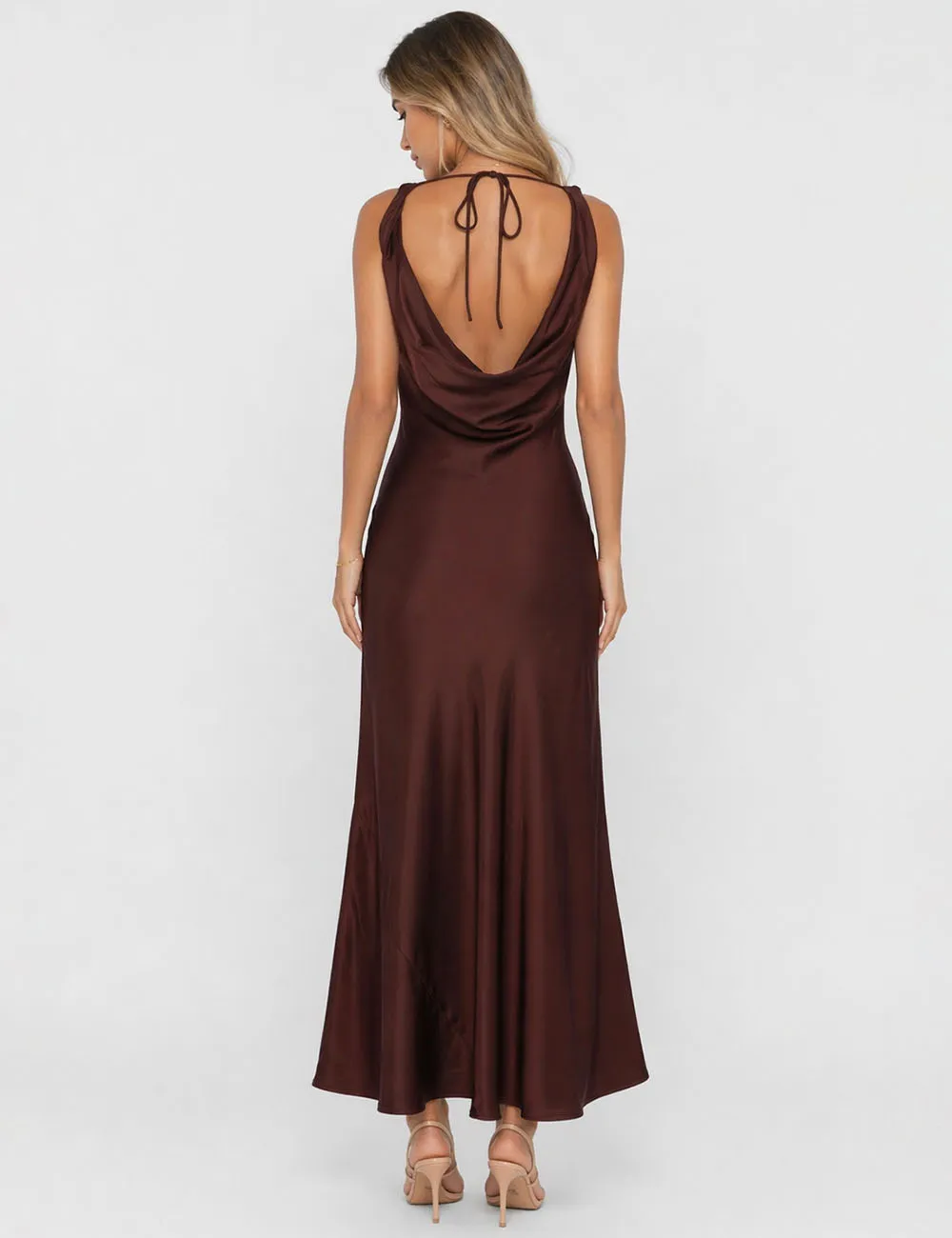 Chic Satin Cowl Neck Sleeveless Back Midi Dress