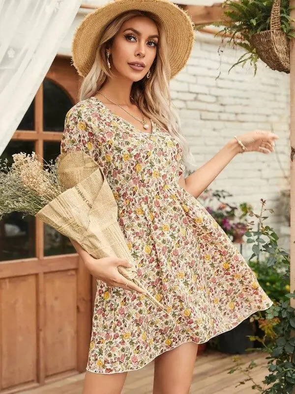 Women V-neck Allover Floral A-line Dress