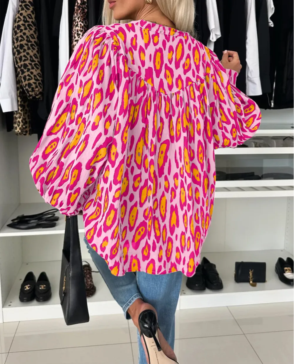 Rose Red Oversized Leopard Print Balloon Sleeve Casual Shirt