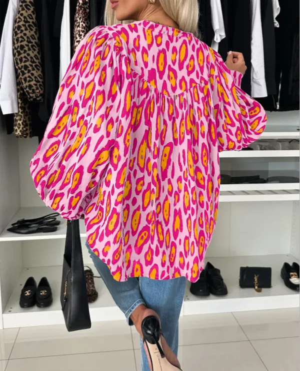 Rose Red Oversized Leopard Print Balloon Sleeve Casual Shirt