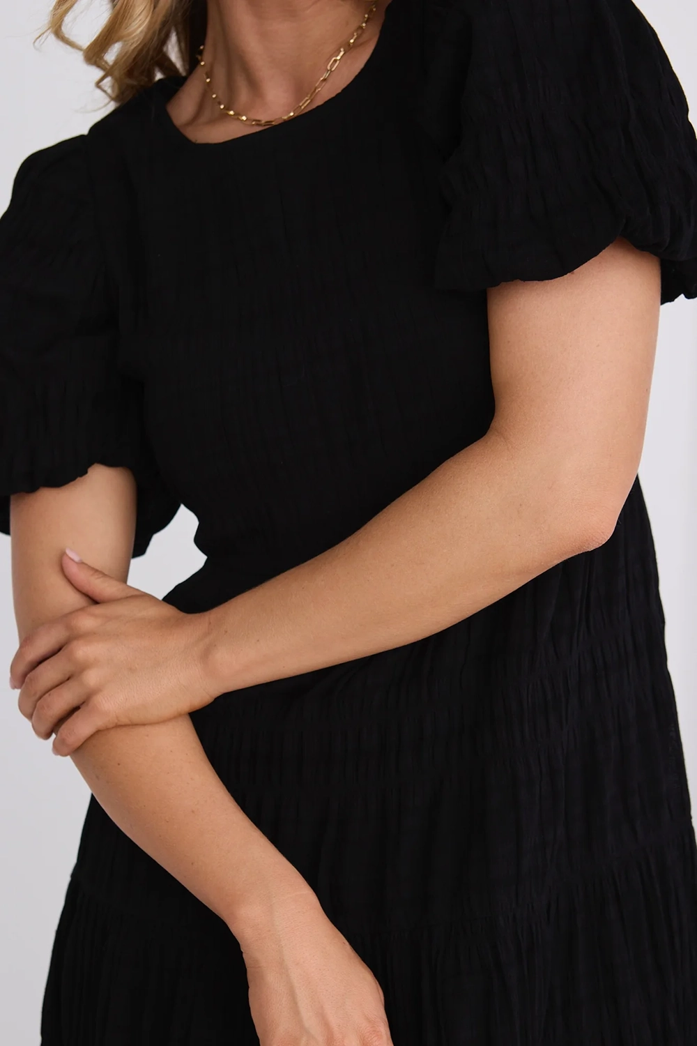 Black Shirred Cotton Bubble Sleeve Dress