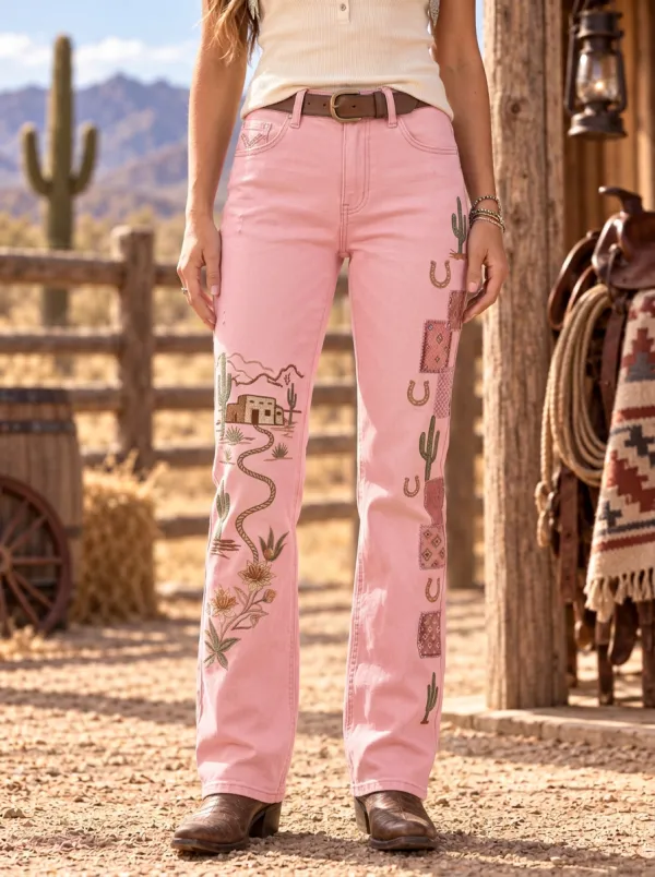 Women's Western Desert Cactus Adobe Patchwork Printed Jeans