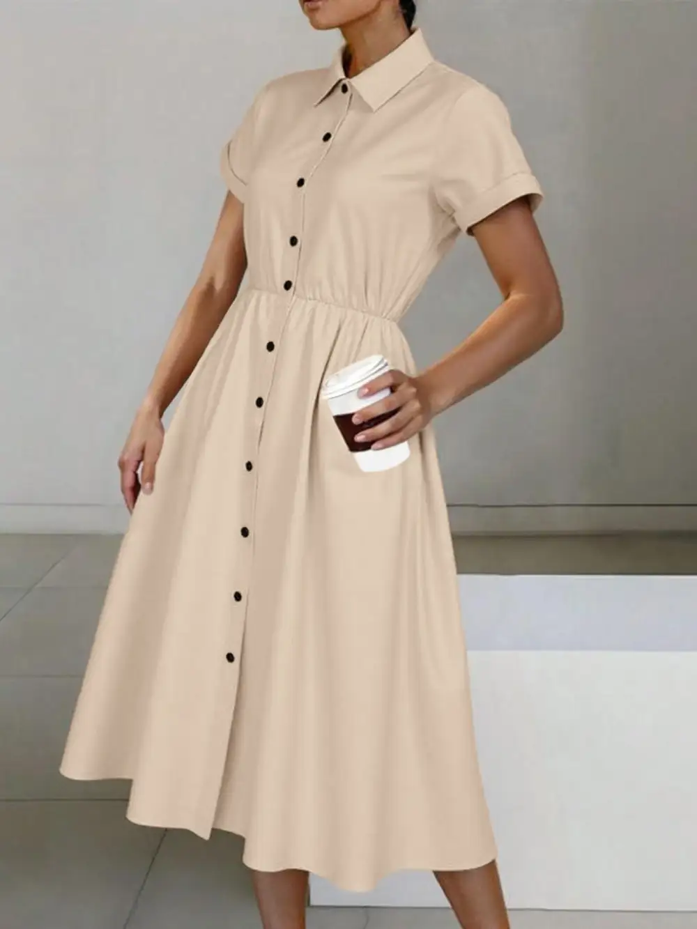 Soft Touch Button Front Short Sleeve Midi Dress