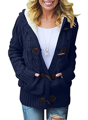 Women Hooded Knit Cardigans Button Cable Sweater Coat