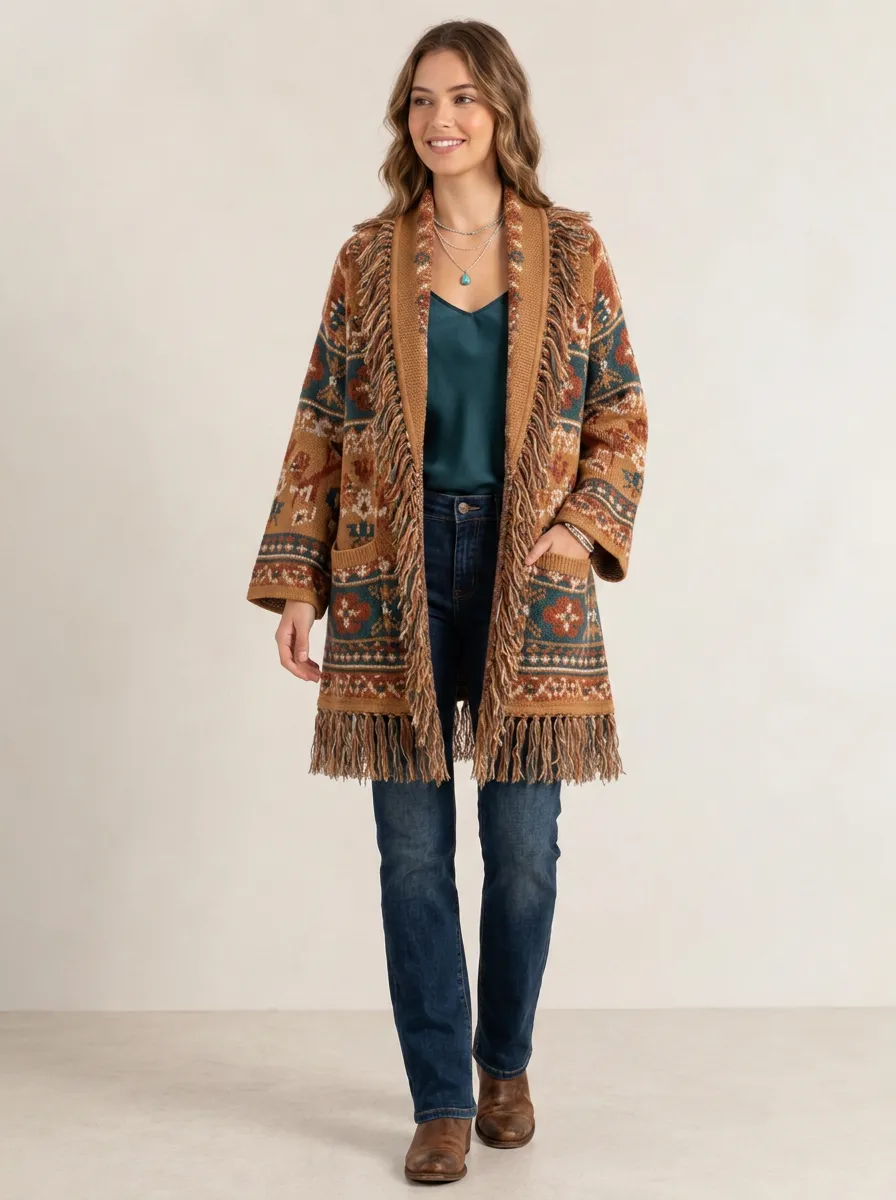 Women's Patterned Fringe Open-Front Cardigan Floral