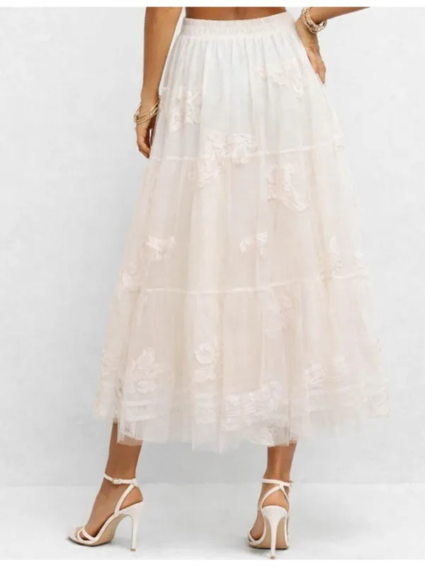 Embroidery Elastic Waist Tulle Midi Skirt