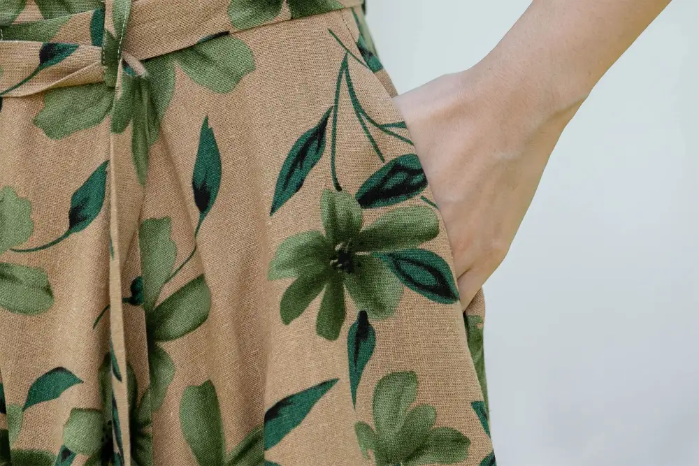 Floral Linen Cotton A Line Pleated Short Sleeve Midi Dress