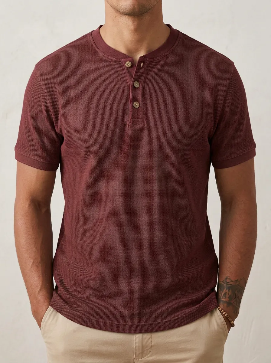 Button-Placket Ribbed Textured Men's Short-Sleeve Henley Shirt