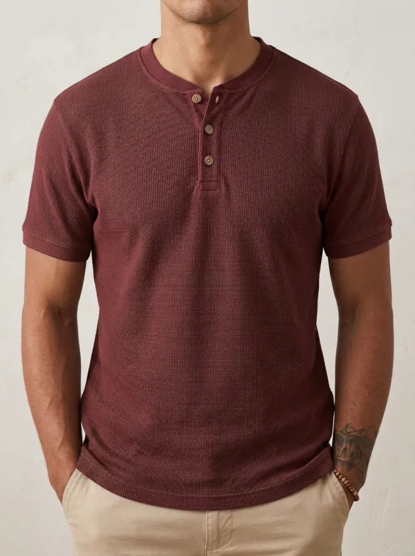 Button-Placket Ribbed Textured Men's Short-Sleeve Henley Shirt
