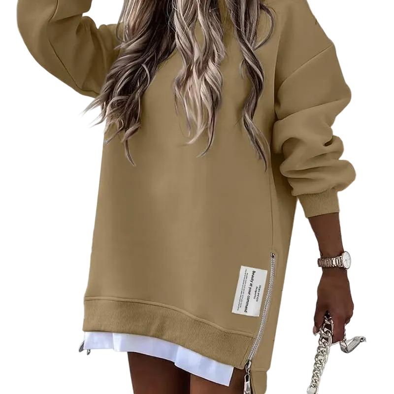 Womens Long Sleeve Pullover Sweatshirt Zipper Slit Casual Dress