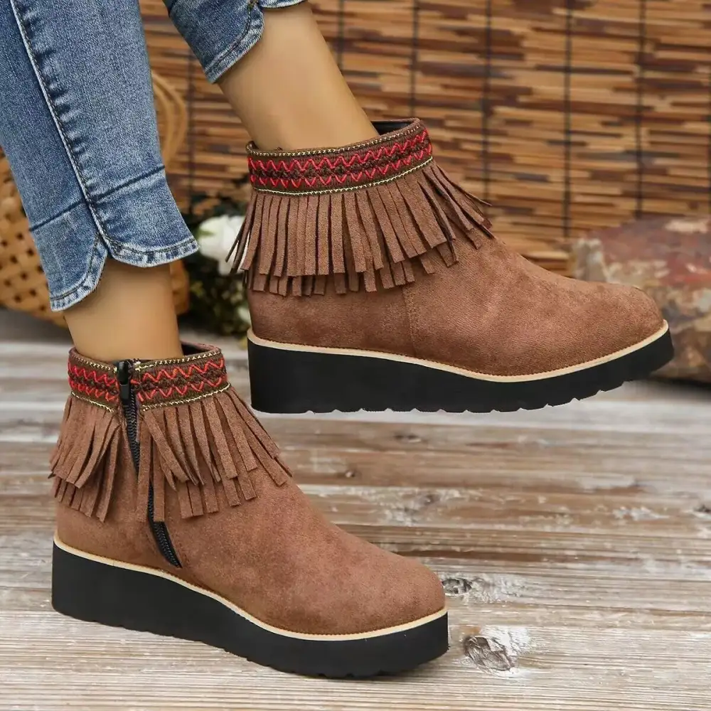 Fringe Round Toe Ankle Boots