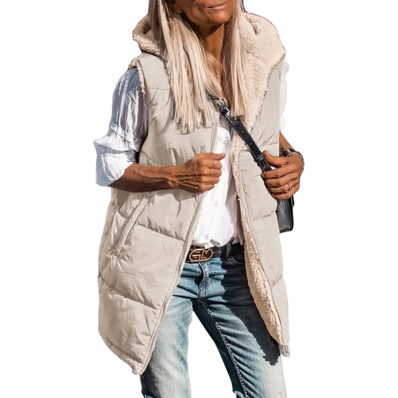 Women's military green double-faced fleece vest with pockets and a hood, long zip-up coat