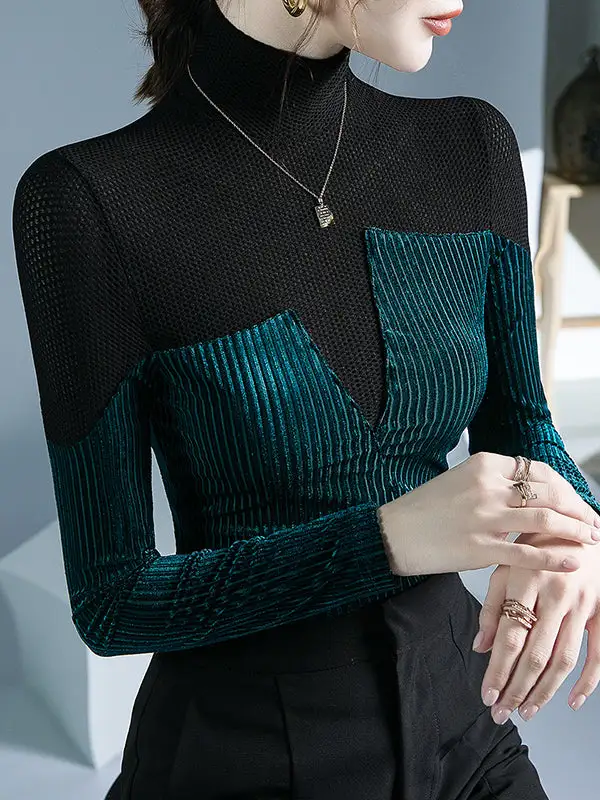 Long Sleeve Slim Fit Contrast Panel Detail High Neck T-Shirt