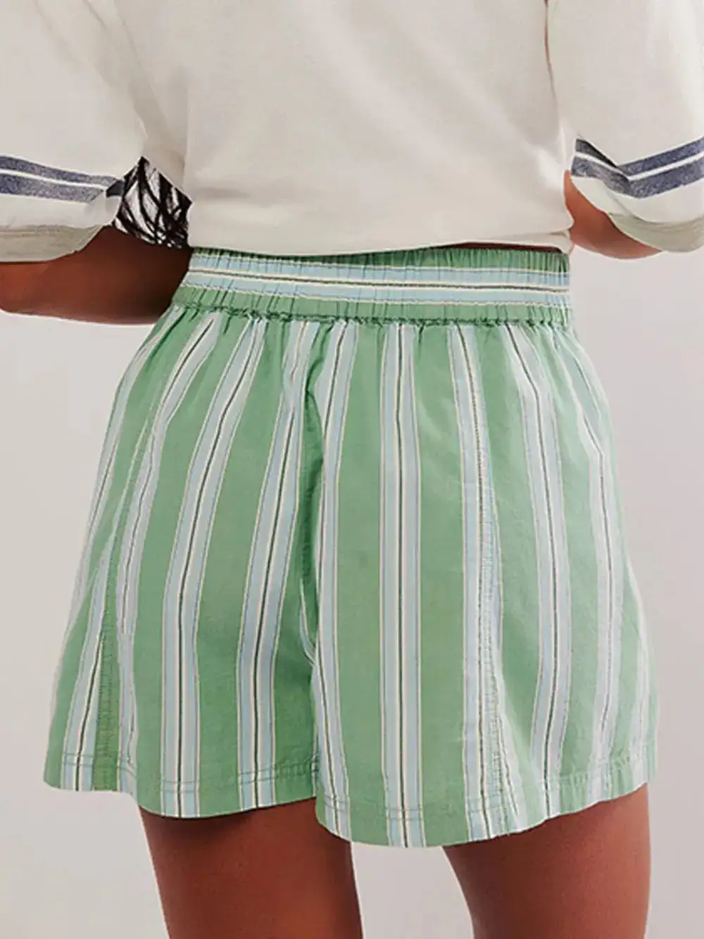 Cotton-Blend Striped Elastic Waist Shorts