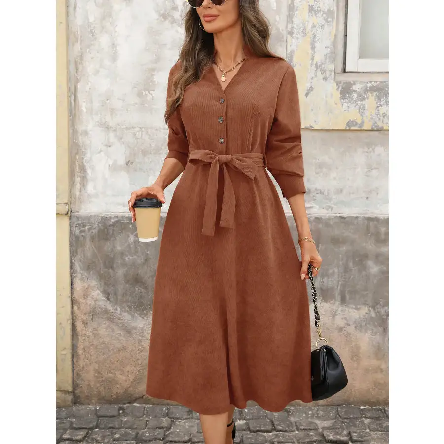 Long Sleeve Button Front Belted Midi Dress