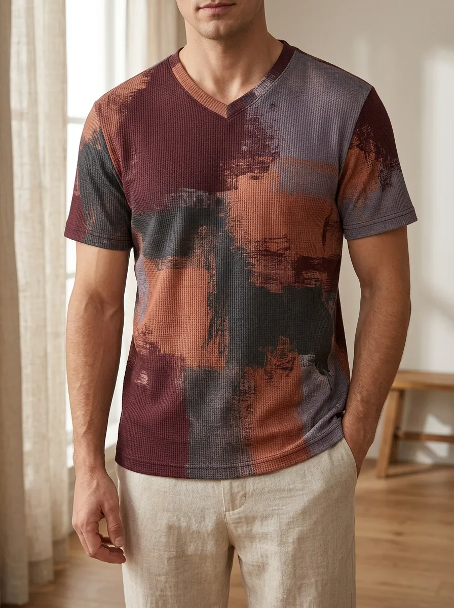 Men's Abstract Brushstroke Waffle Knit Expressive V-Neck T-Shirt