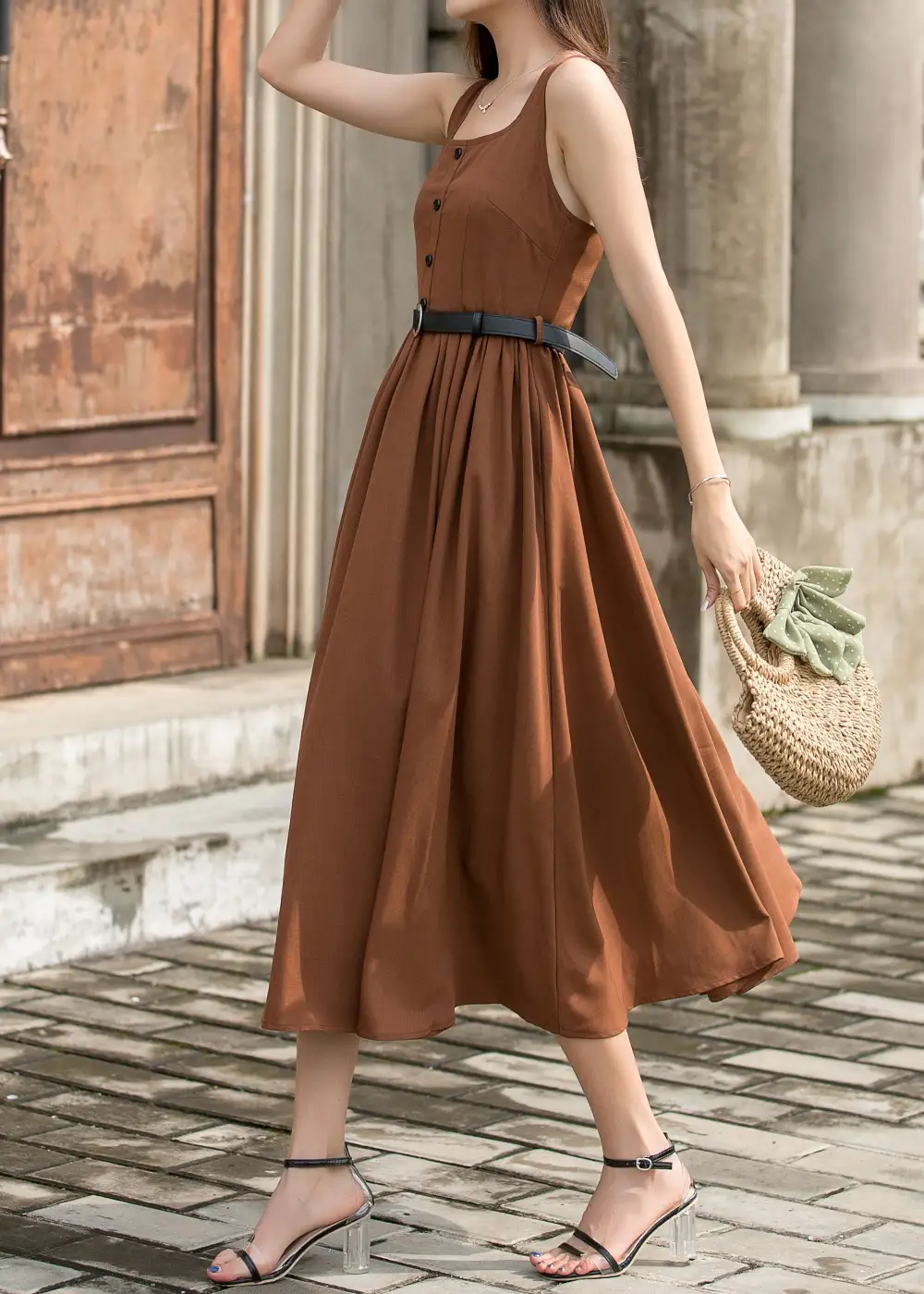 Polyester Pinafore Pleated Midi Dress