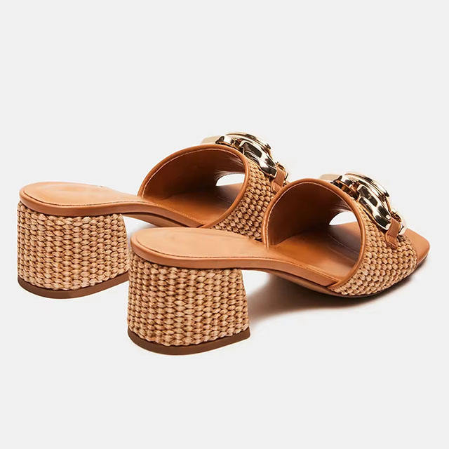 Verona Gold Chain Raffia Chunky Heel Sandals