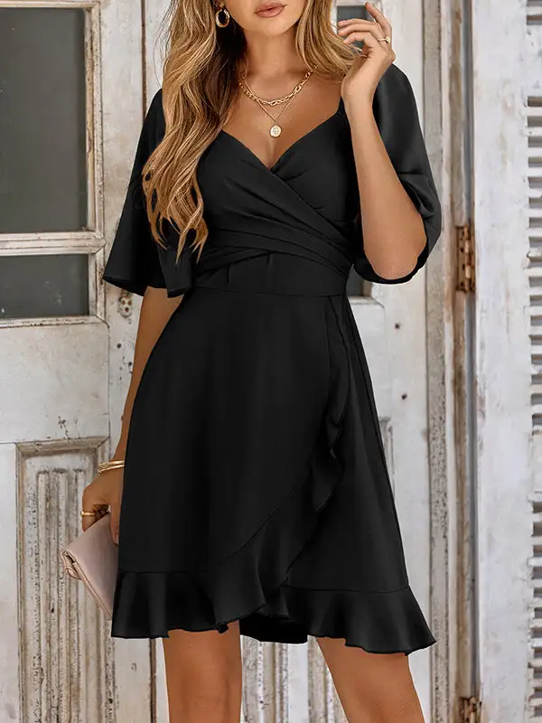 Flared Sleeve Half Sleeve Elasticity Ruffle Solid Color Split Joint Tied