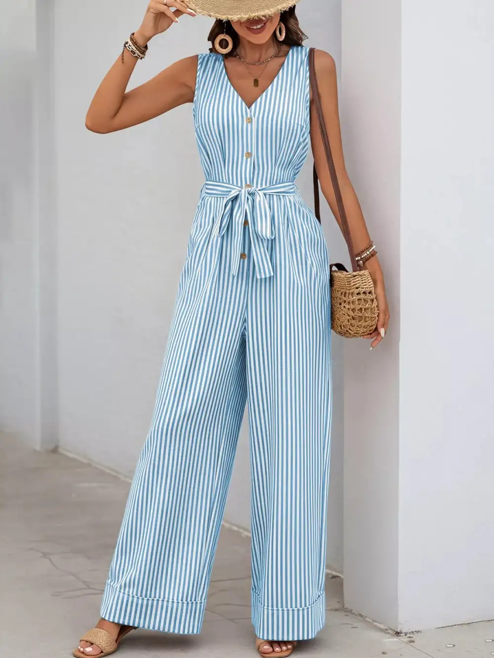 Striped Button Front Tie Waist Wide Jumpsuit
