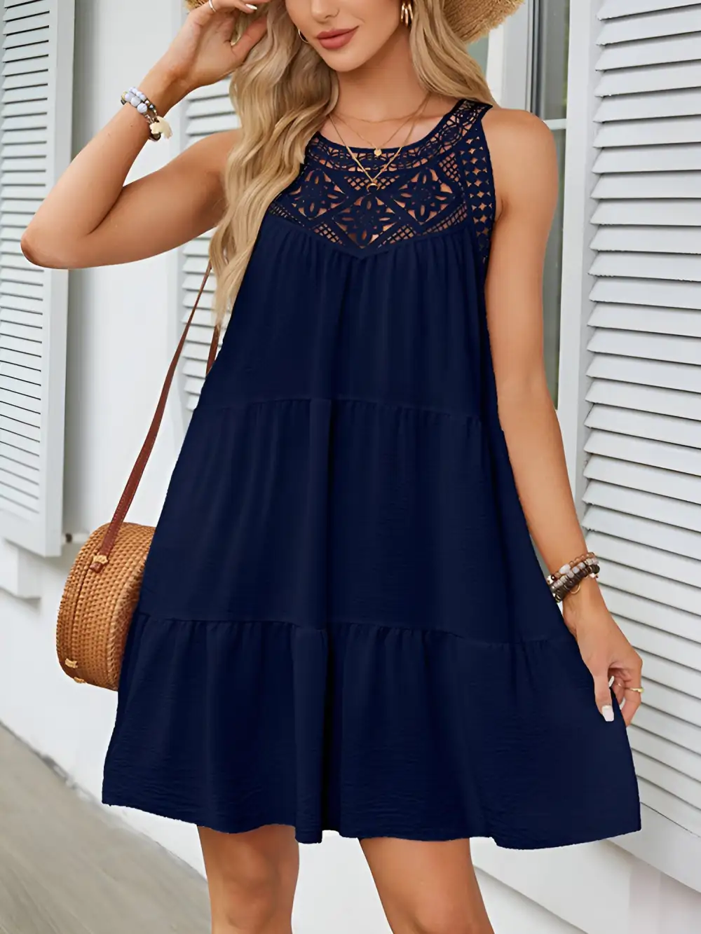 Boho Lace Sleeveless Tiered Above-Knee Length Dress