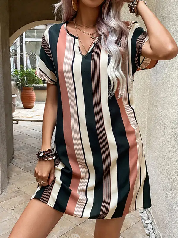 A Line High Waisted Striped V Neck Mini Dress