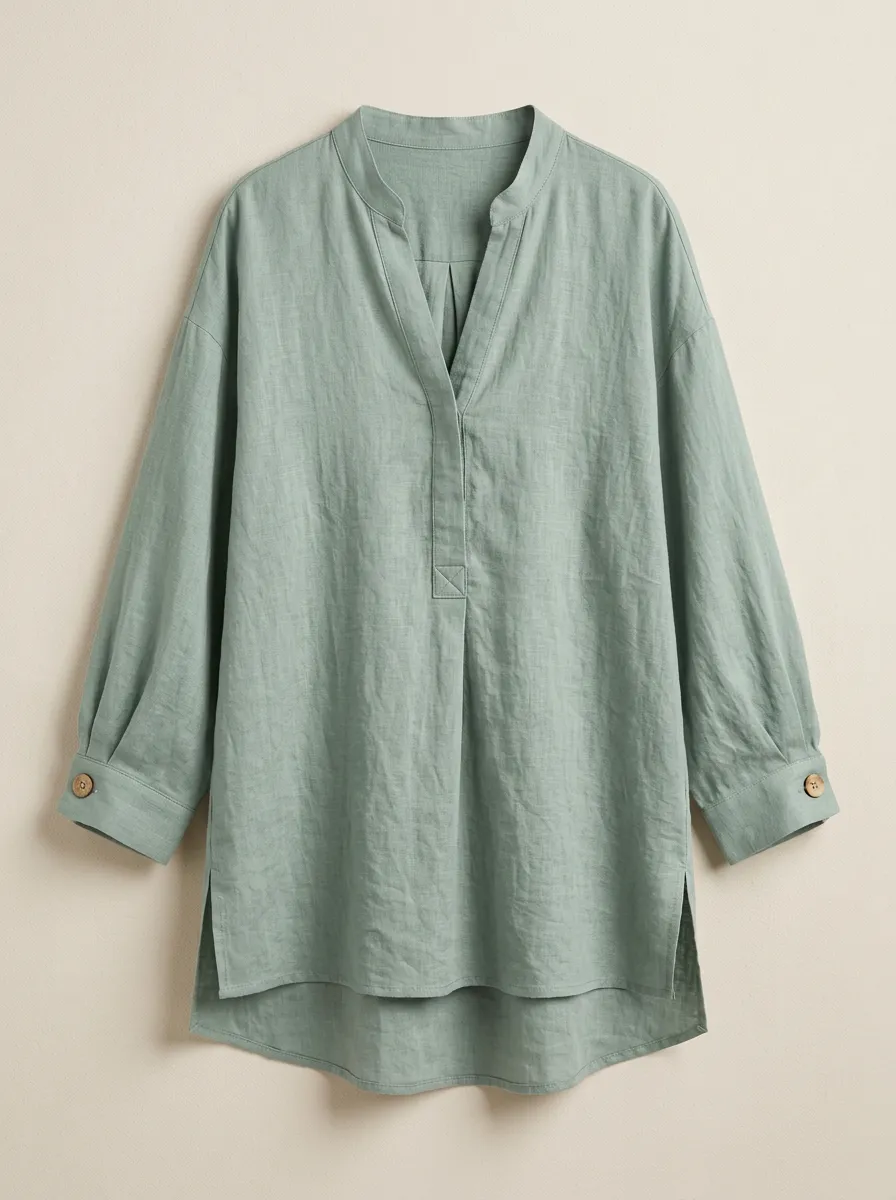 Women's Sage Green V-Neck Button Cuff Linen Blend Shirt