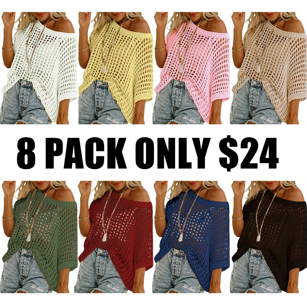 Women's Summer Scoop Neck Short Sleeve Sweater Casual Crochet Hollow Out Knit Tops Pullover Shirts Beach Coverup