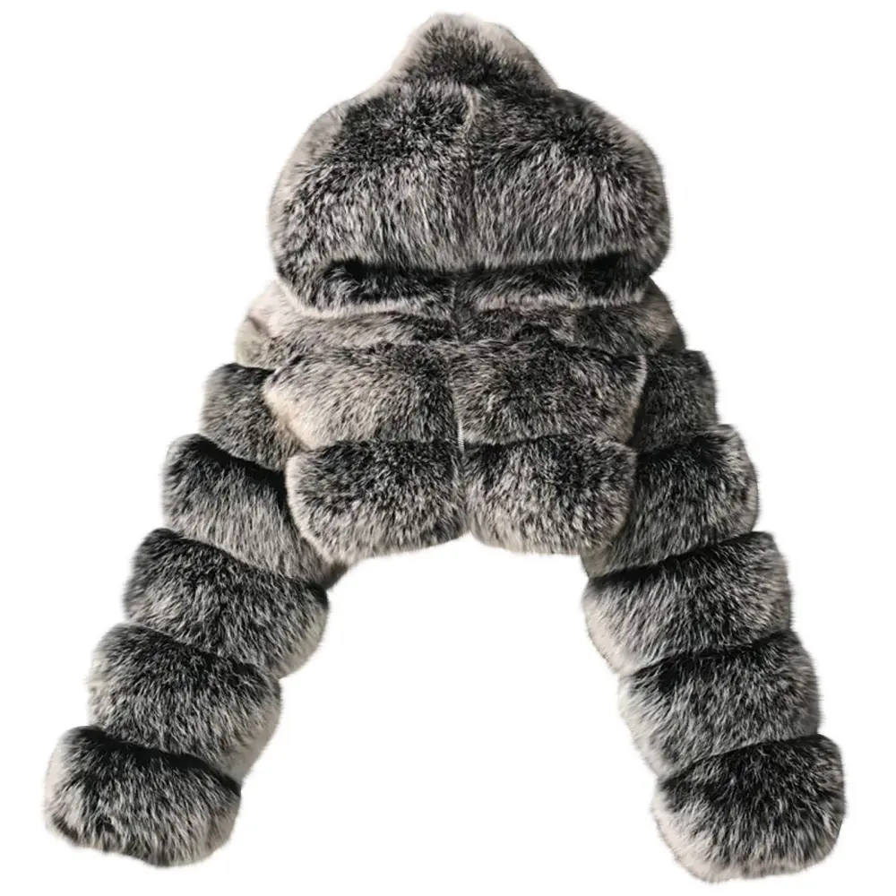 Dark Gray Faux Fur Coat Women with Hood Cropped Bubble Coats Fleece Short Warm Jackets Plus Size Winter Coats for Women