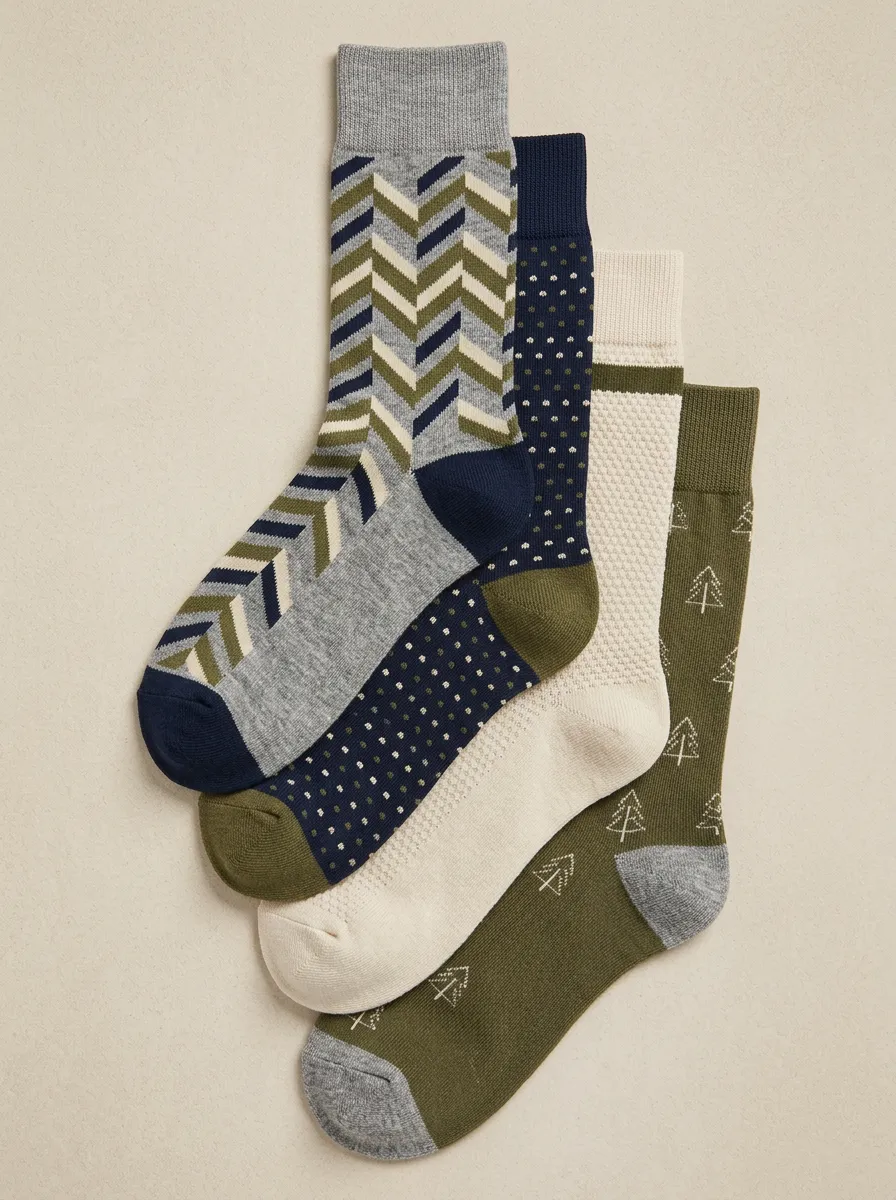 Polka Dot Geometric Tree Motif Ribbed Texture Men's Crew Socks Four-Pair Pack
