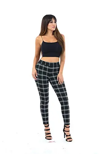 Jeans Large Plaid Pull On Pant with Back Darts for Casual and Office Wear