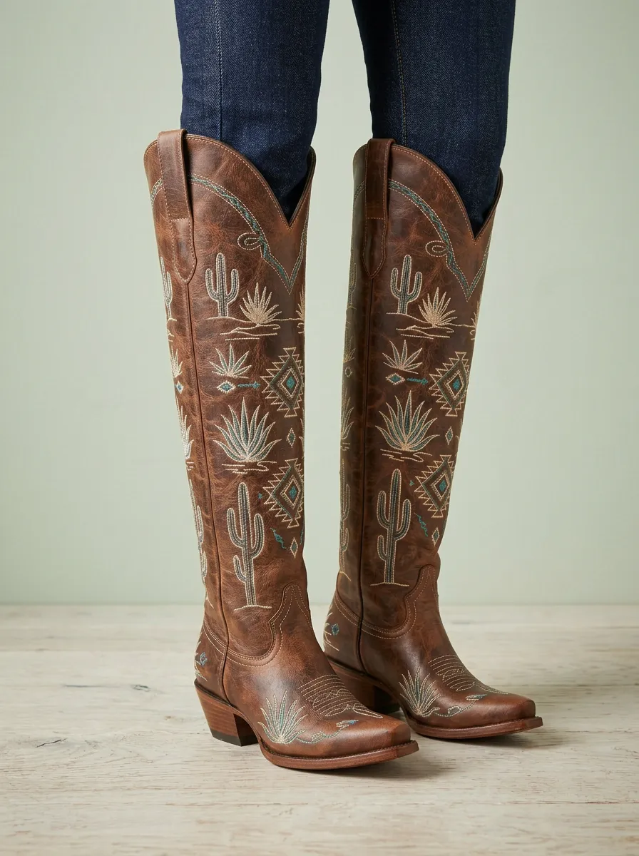 Women's Western Cactus Geometric Embroidered Block-Heel Stacked-Heel Agave Denim Over-the-Knee Boots