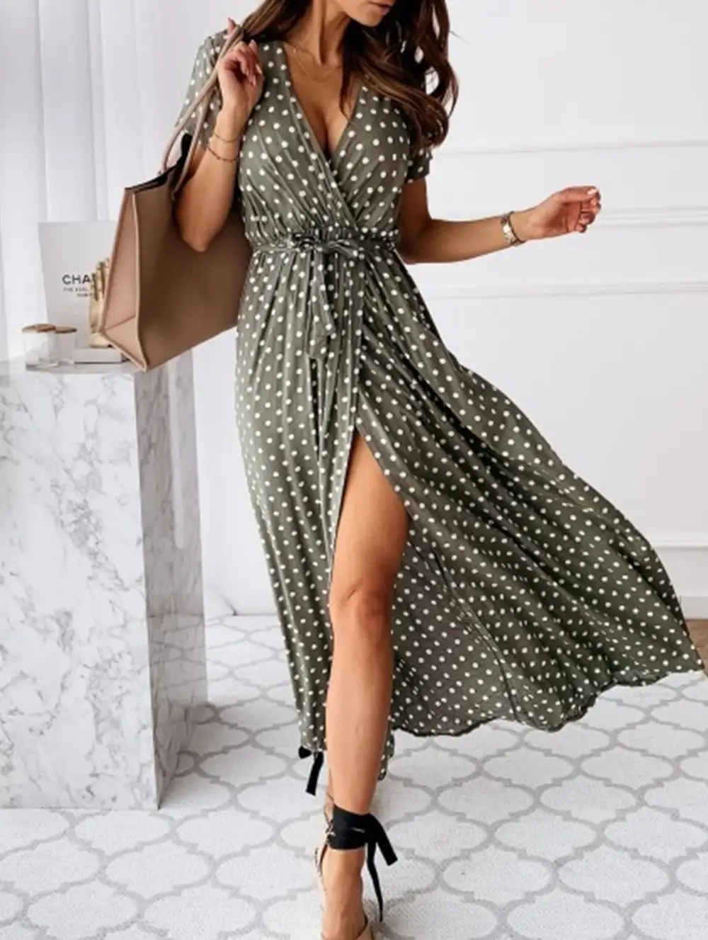 Bohemian V-Neck Polka Dot Dress Short Sleeve Flowy Fit
