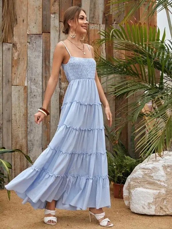 Women Shirred Detail Frill Layered Hem Cami Dress