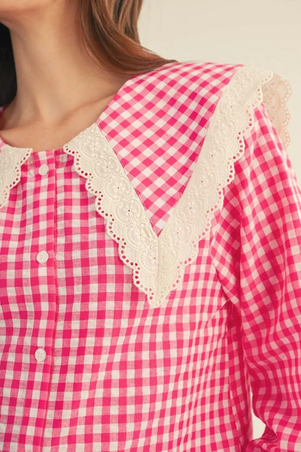 Gingham Lace Button Down Collared Shirt