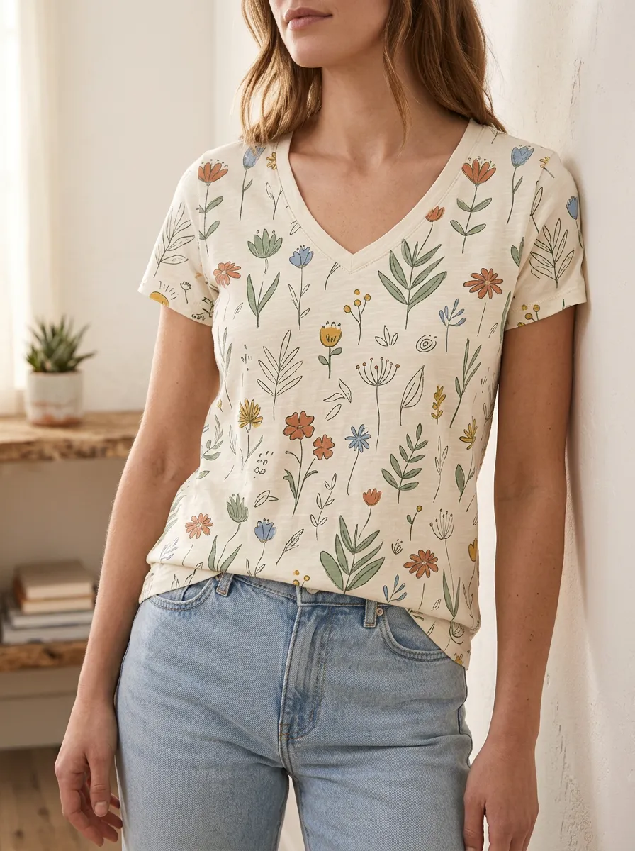 Women's Meadow Botanical Floral Lover Wildflower V-Neck T-Shirt
