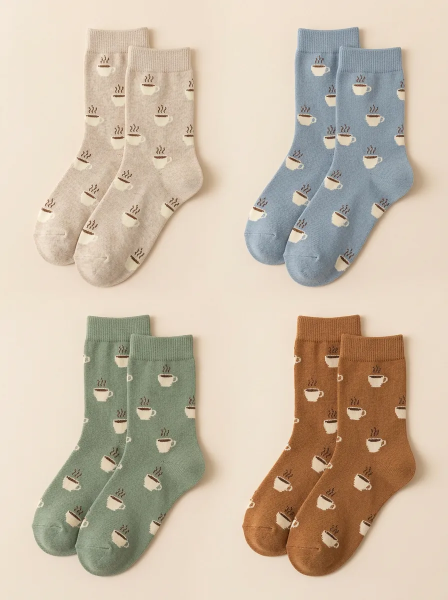 Women's Coffee Cup Ribbed Mid Calf Crew Socks Four Pair Set